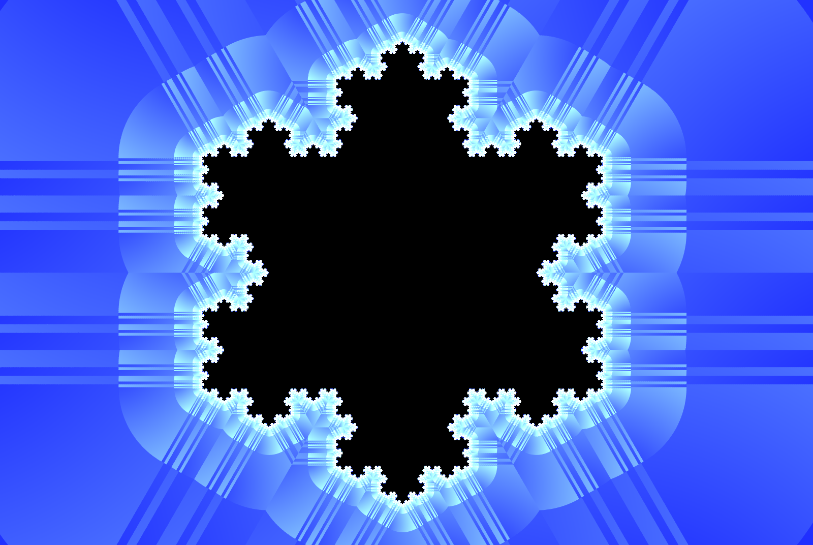 An image of the Koch Snowflake fractal, drawn with an escape-time equation showing a blue glow.
