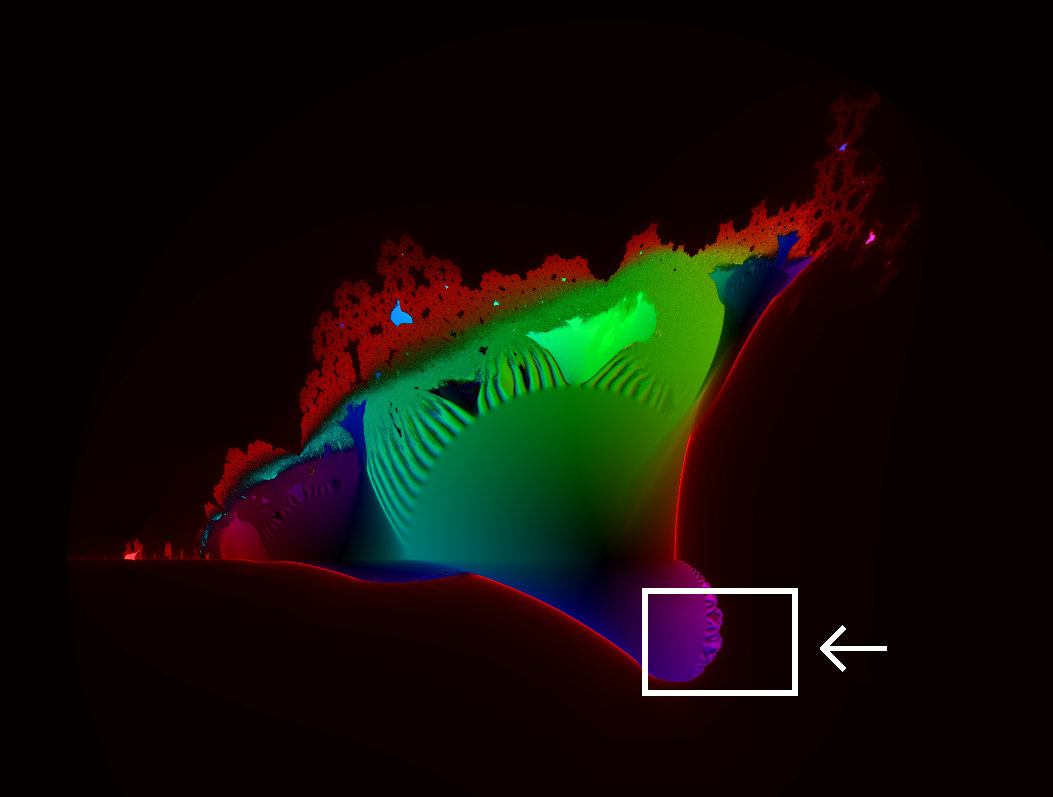 A box showing the region of interest in the lower-right corner of the largest Burning Ship.