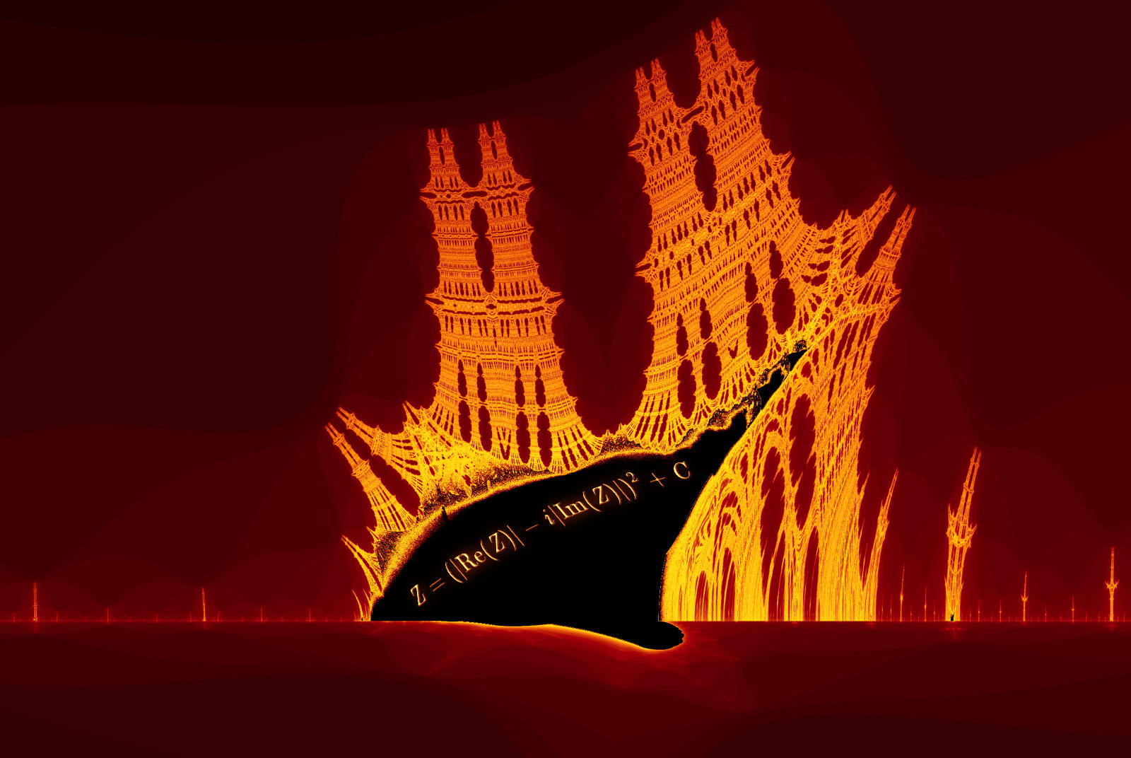 An image of the Burning Ship fractal, with its equation written on the ship.